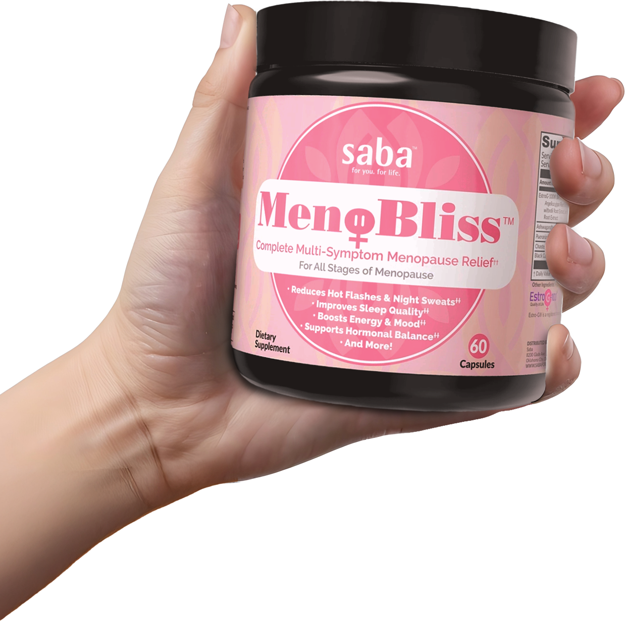 Saba Menobliss – Complete Multi-Symptom Menopause Relief A hand holding a jar of Saba Menobliss, a dietary supplement for menopause relief.
