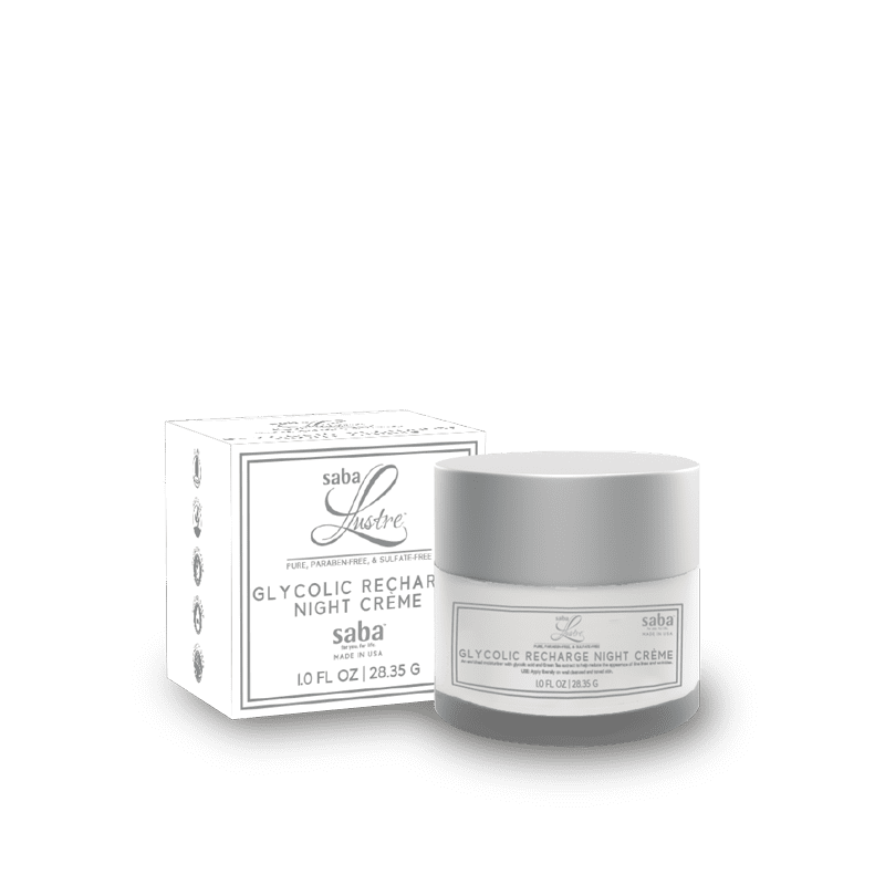 Saba Lustre Glycolic Recharge Night Crème – pure, paraben-free, and sulfate-free rejuvenating night cream made in the USA.