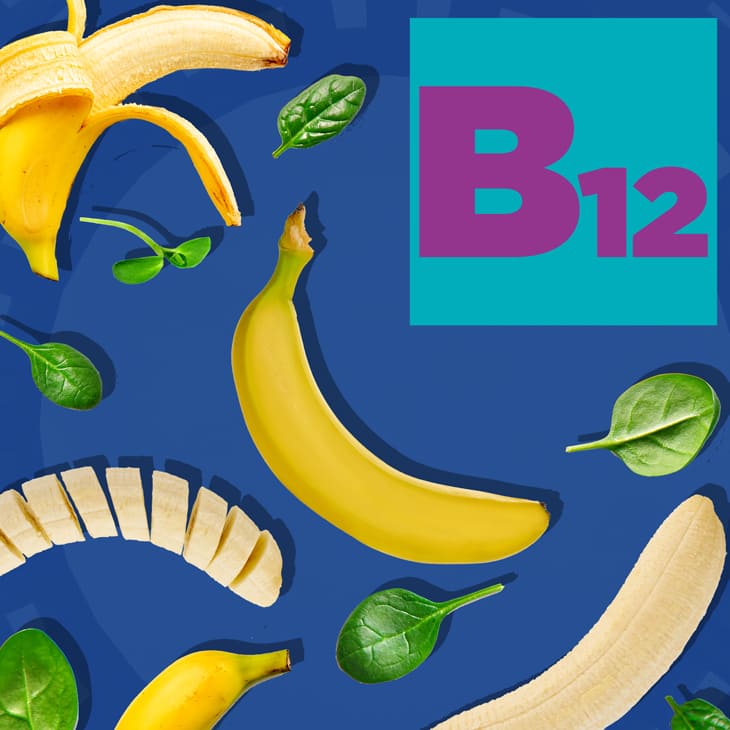 Vitamin B12 – Vital Nutrient for Energy and Nerve Health Vitamin B12 with bananas and spinach on a blue background