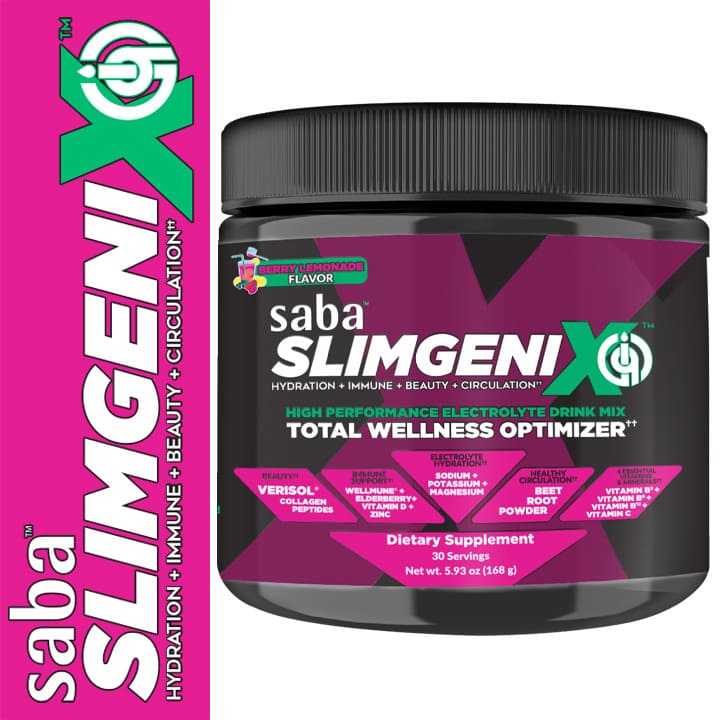 Saba Slimgenix X – Total Wellness Optimizer Hydration & Energy Drink Mix Saba Slimgenix X Total Wellness Optimizer electrolyte drink mix in berry lemonade flavor